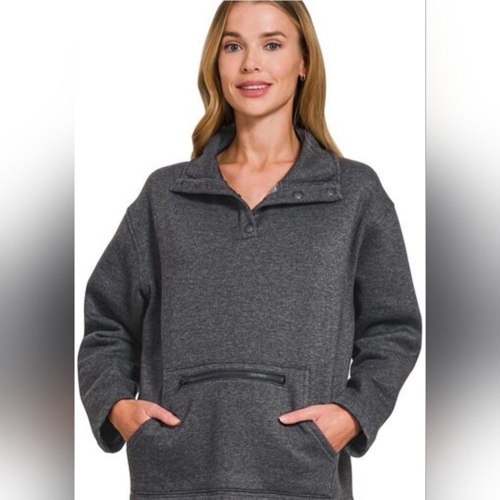 Zenana New In Bag Charcoal Mock Neck Button-Up Sweatshirt Large PTP 25 - Picture 2 of 3